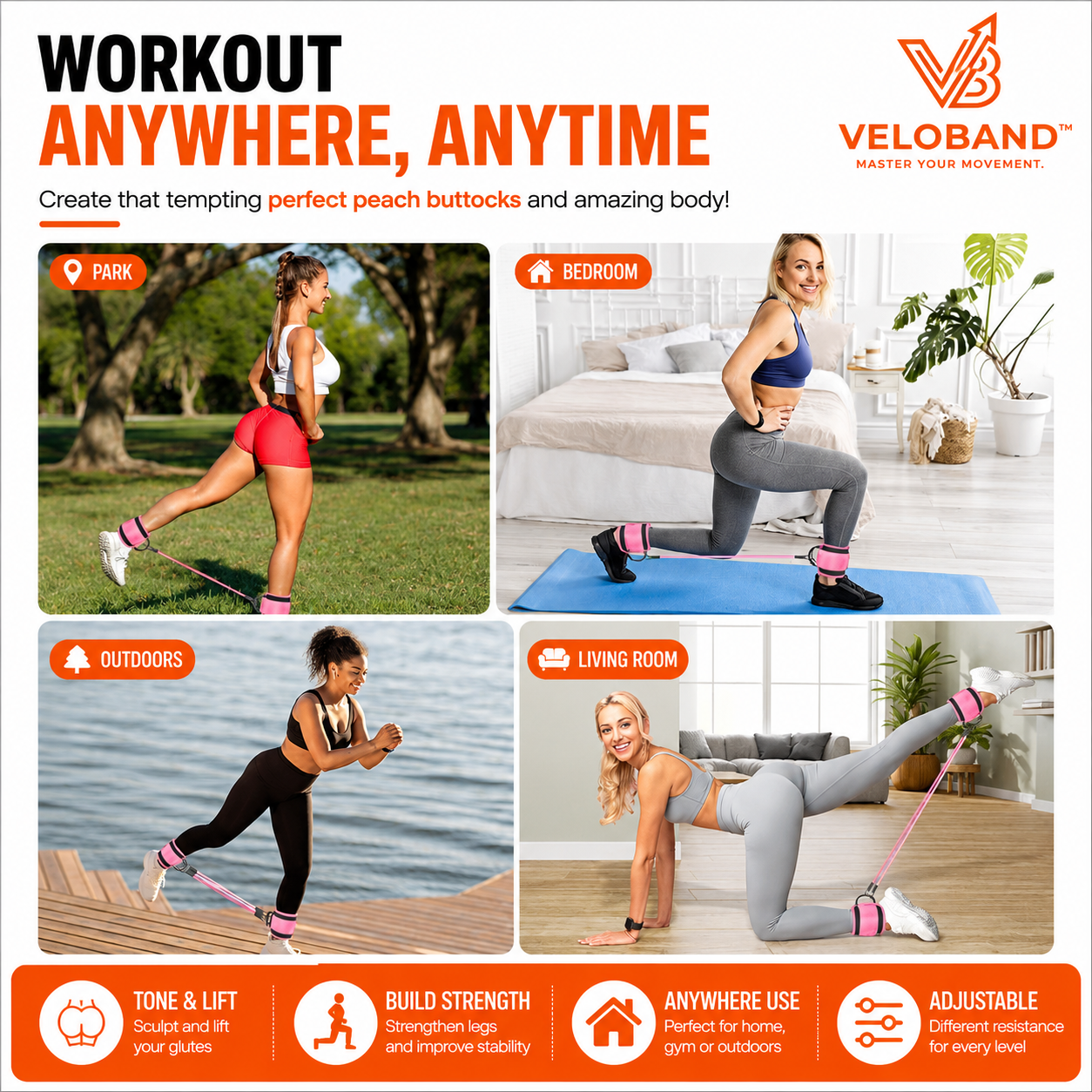 VeloBand™ Pro 5-Pack Pedal Resistance Set – Leg & Hip Training